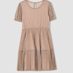 Tan and Pink Tiered Puff Sleeve Sundress for Wedding Guest
